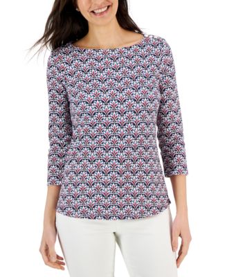 Charter Club - Petite Cotton Printed Boat-Neck 3/4-Sleeve Top