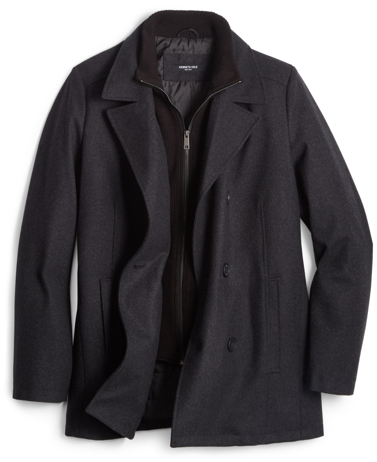 Kenneth Cole Men's Double Breasted Wool Blend Peacoat with Bib - Dark Olive  | Smart Closet