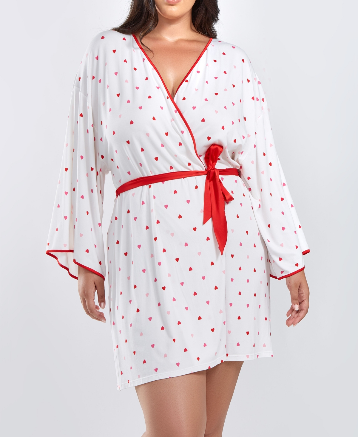 Icollection Kyley Plus Size Heart Print Robe With Contrast Self Tie Sash And Red Trim In White-red