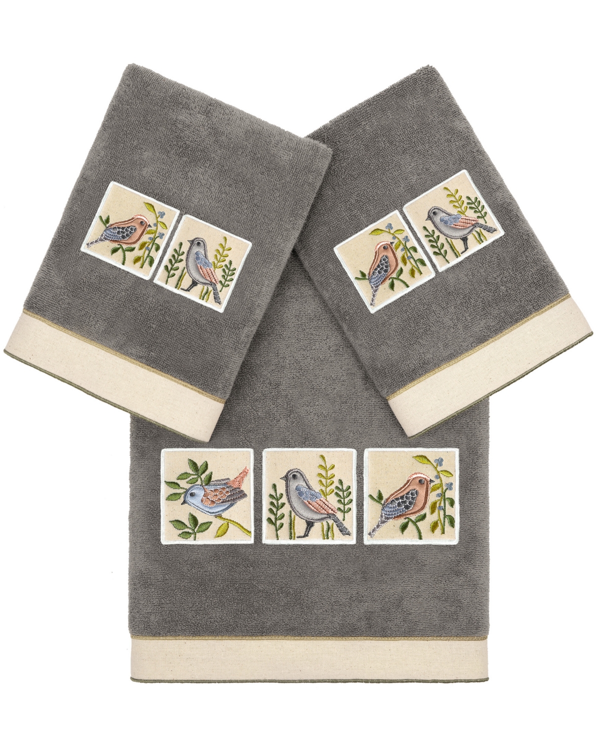 Linum Home Textiles Turkish Cotton Belinda Embellished Towel Set, 3 Piece In Charcoal