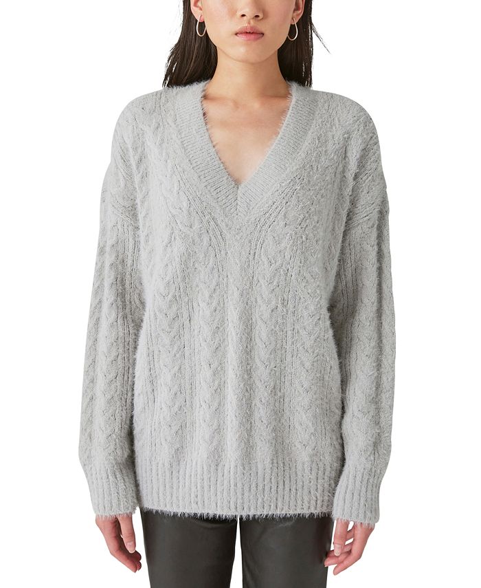 Lucky Brand Women's Cable-Knit V-Neck Eyelash Sweater - Macy's