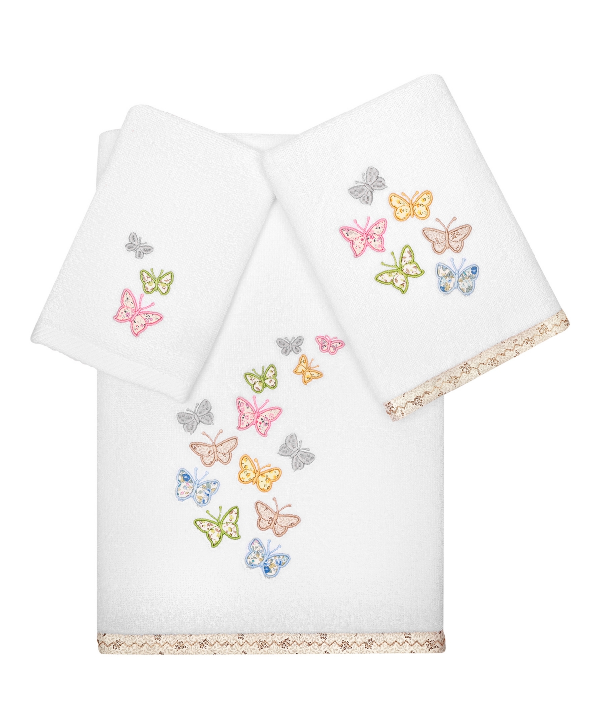 Linum Home Textiles Turkish Cotton Mariposa Embellished Towel Set, 3 Piece In White