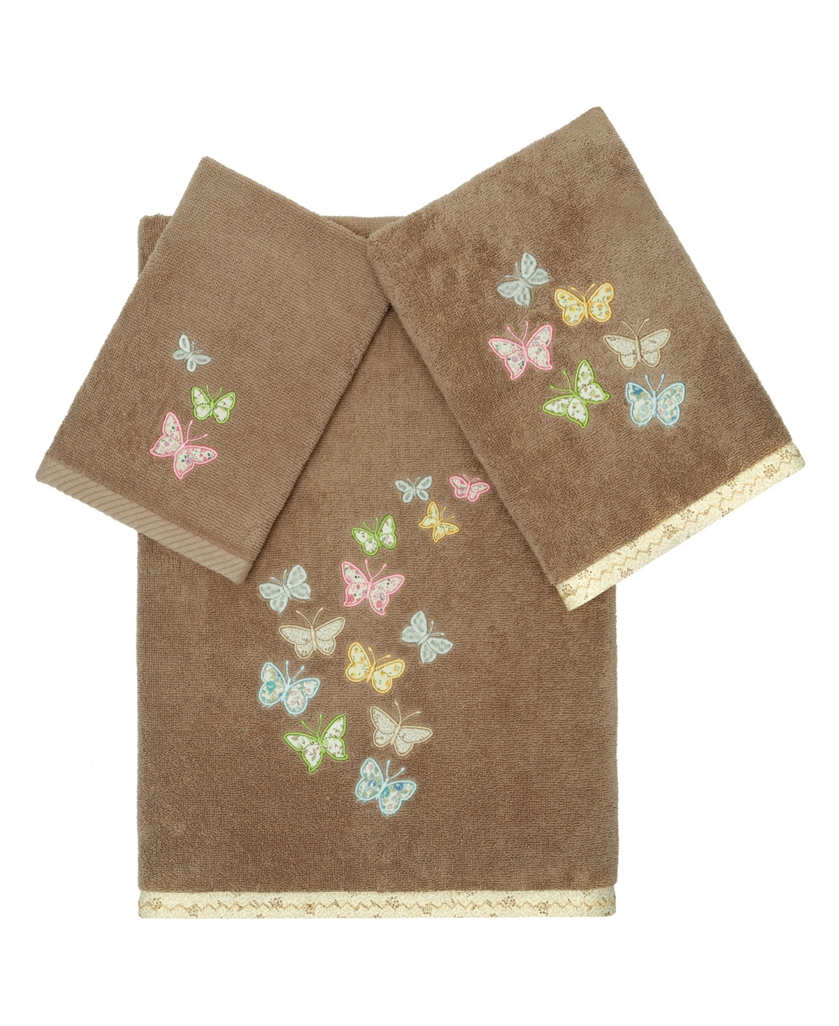 Linum Home Textiles Turkish Cotton Mariposa Embellished Towel Set, 3 Piece In Cocoa