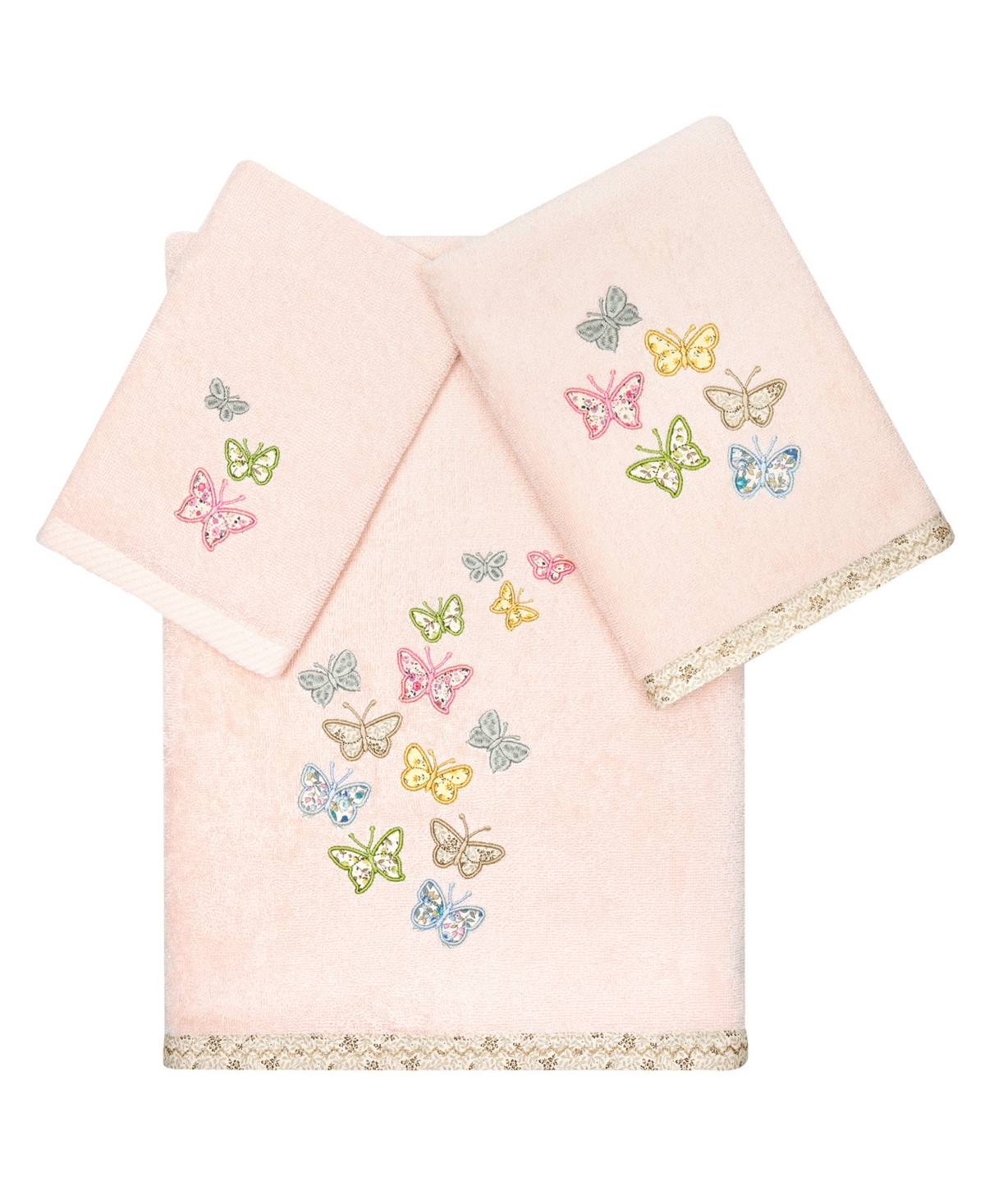 Linum Home Textiles Turkish Cotton Mariposa Embellished Towel Set, 3 Piece In Blush