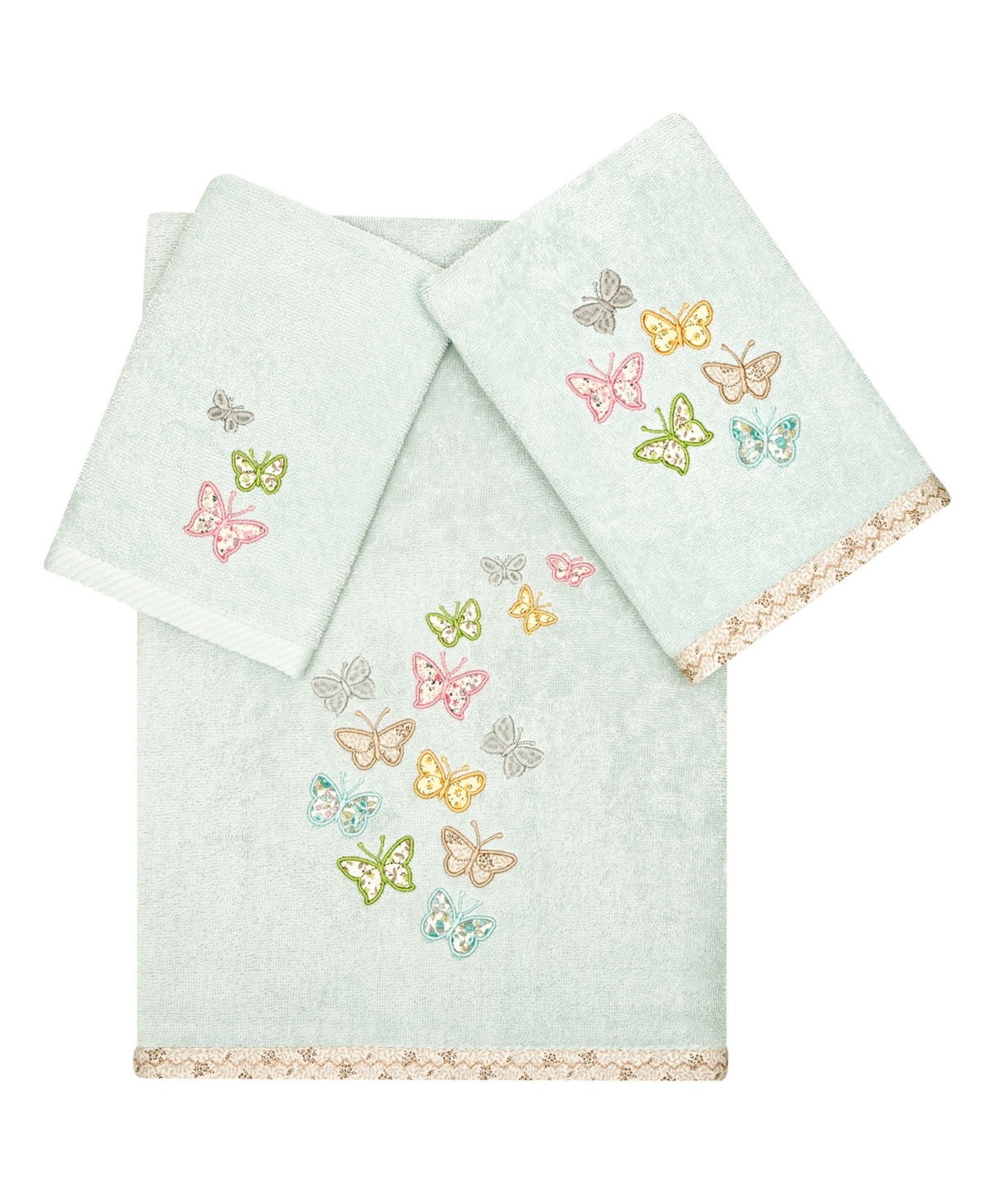Linum Home Textiles Turkish Cotton Mariposa Embellished Towel Set, 3 Piece In Aqua
