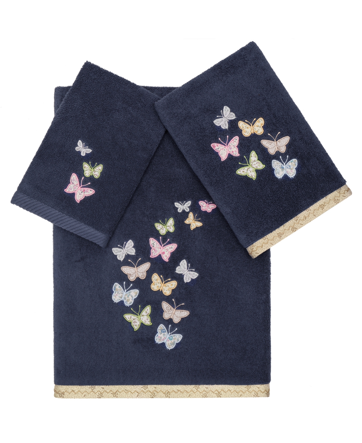 Linum Home Textiles Turkish Cotton Mariposa Embellished Towel Set, 3 Piece In Marine