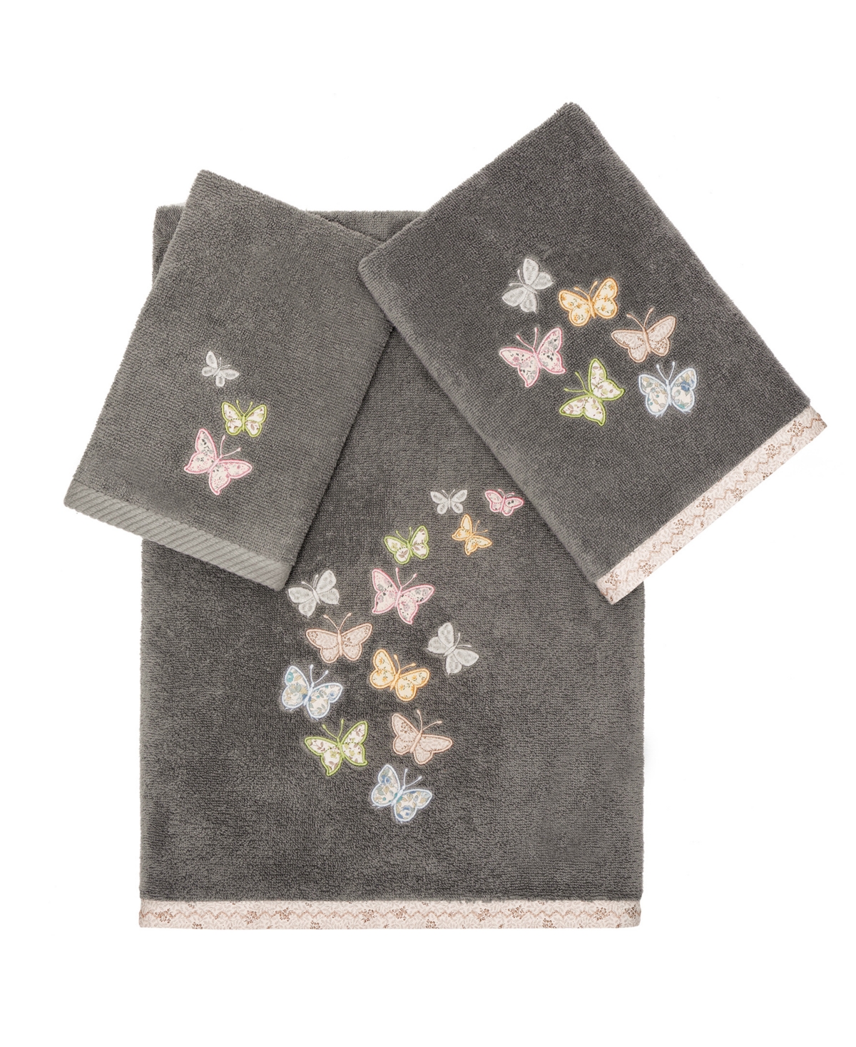 Linum Home Textiles Turkish Cotton Mariposa Embellished Towel Set, 3 Piece Bedding In Charcoal
