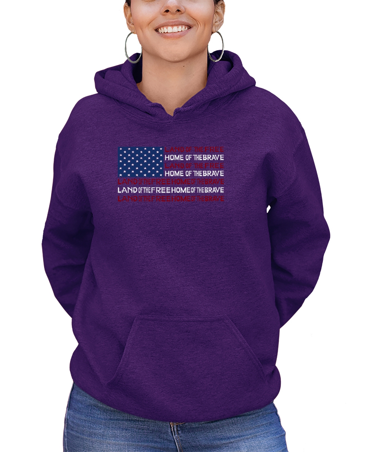 La Pop Art Women's Land of the Free American Flag Word Art Hooded Sweatshirt