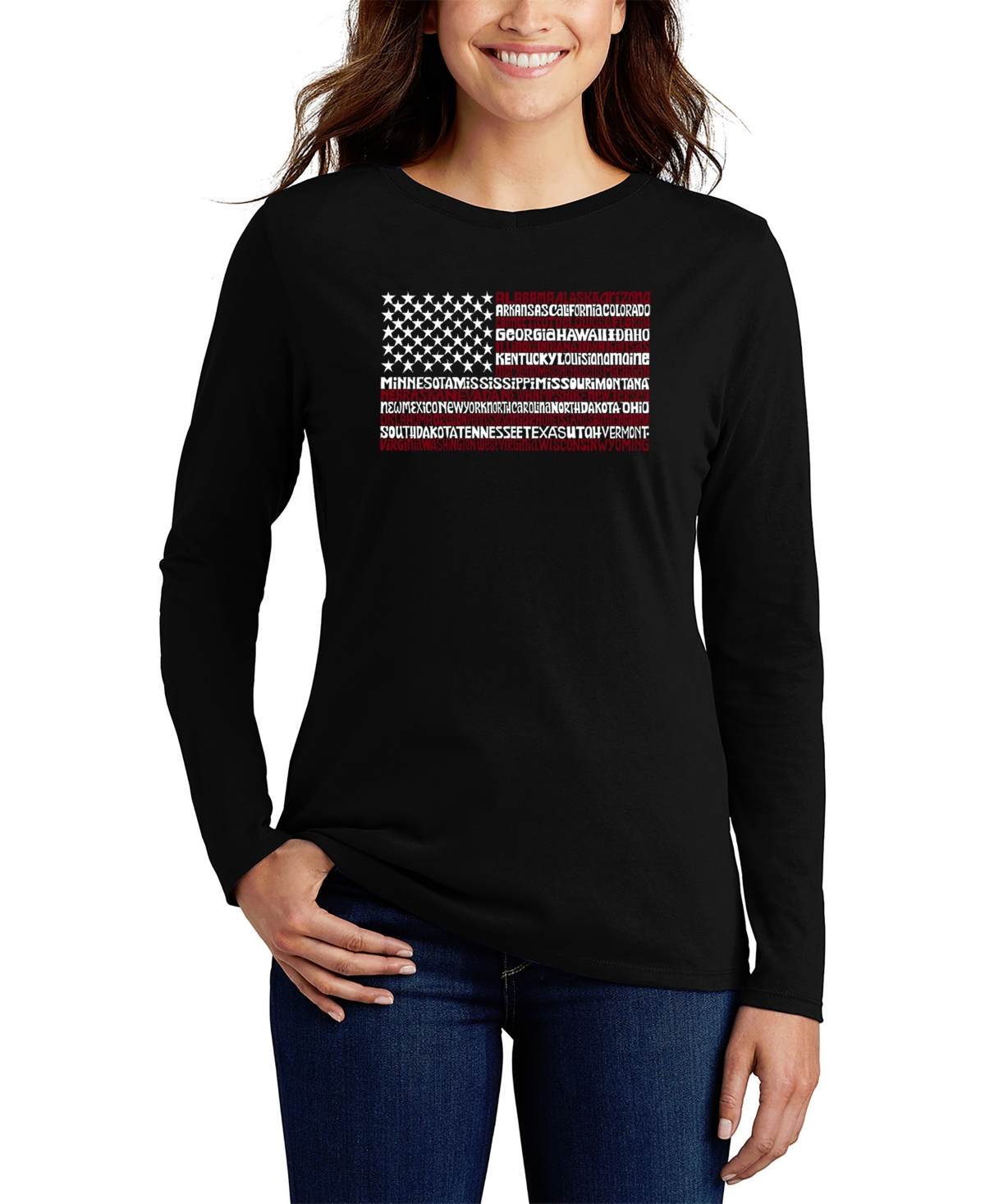 Women's 50 States Usa Flag Word Art Long Sleeve T-shirt - Black