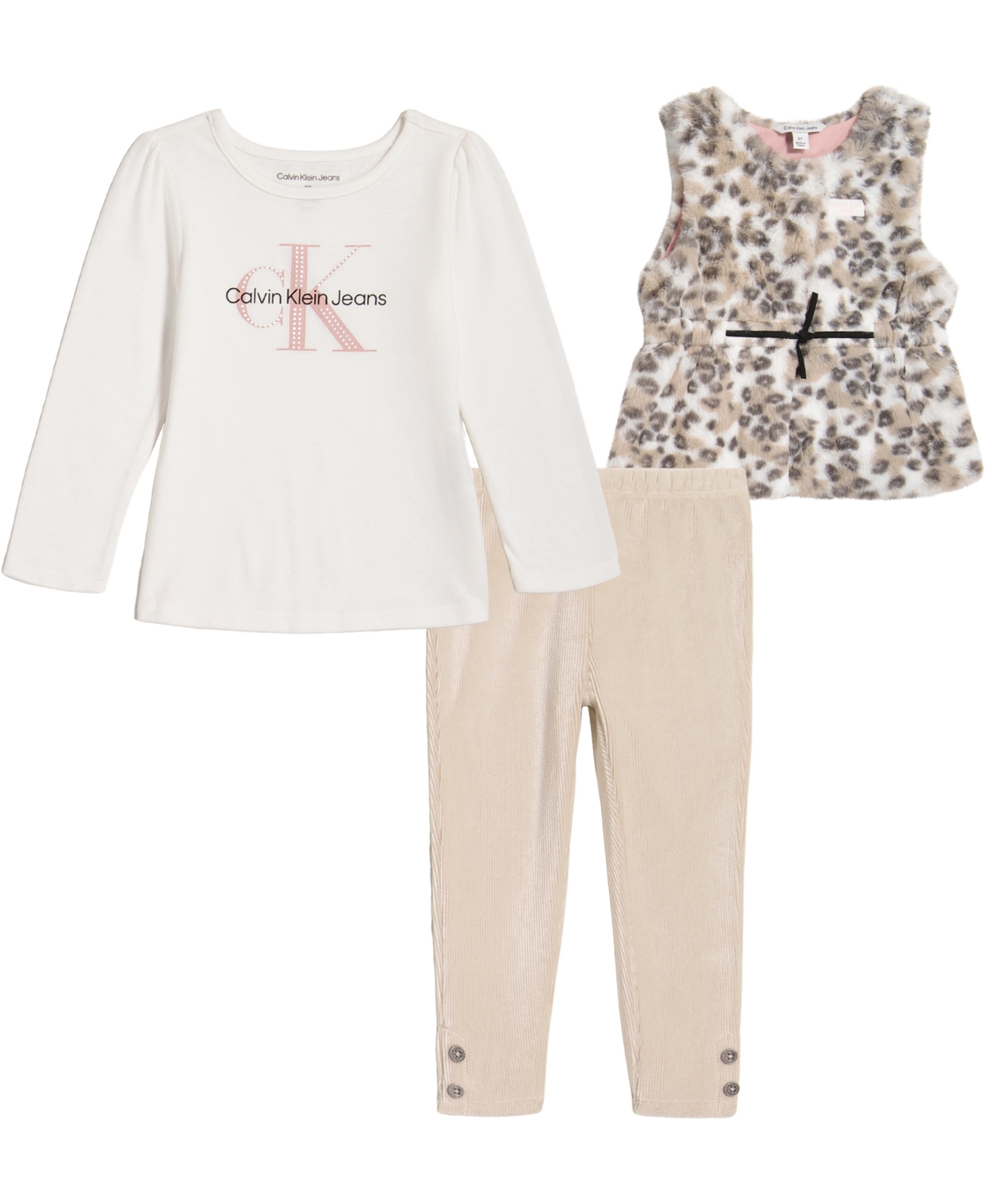 Calvin Klein Toddler Girls Faux Fur Vest, Monogram T-shirt And Ribbed  Velour Leggings, 3 Piece Set In Brown | ModeSens