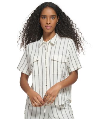 Calvin Klein - Women's Short Sleeve Striped Button Down Blouse