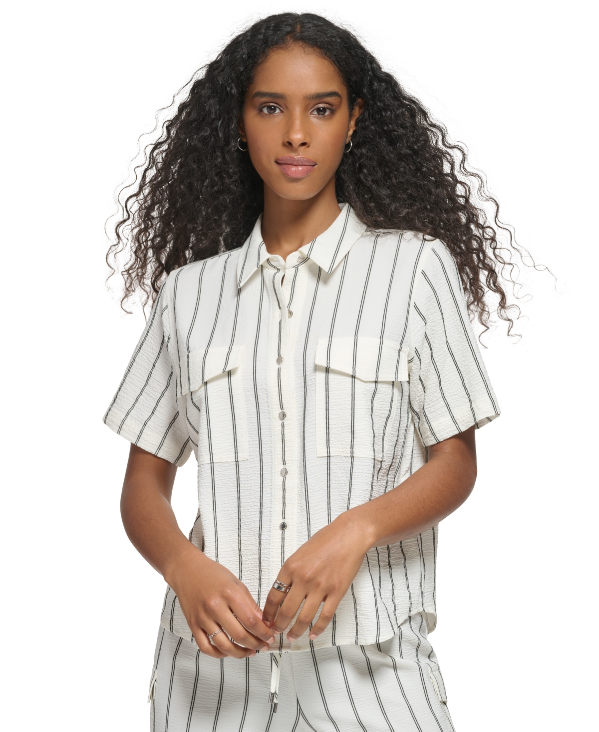 Calvin Klein Women's Short-Sleeve Striped Button-Down Blouse