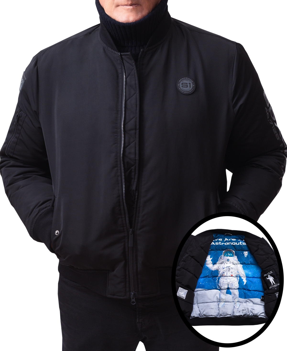 Space One Men's Nasa Inspired Hooded Bomber Jacket With Printed Astronaut Interior In Black