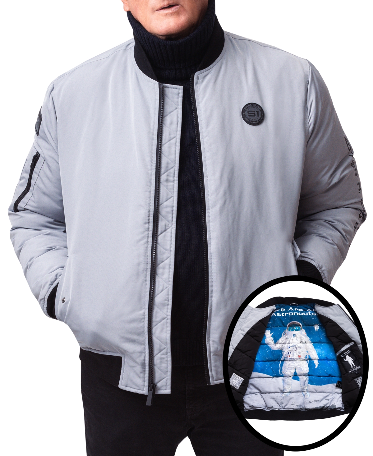 Men's Nasa Inspired Hooded Bomber Jacket with Printed Astronaut Interior - Gray