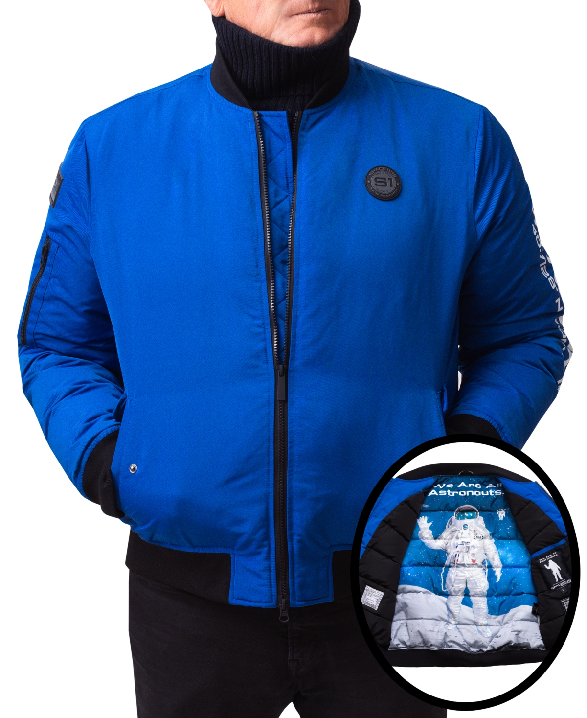 Space One Men's Nasa Inspired Hooded Bomber Jacket With Printed Astronaut Interior In Blue