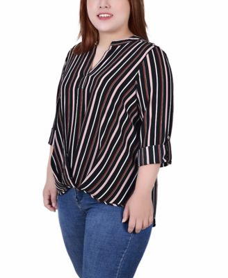 Plus Size 3/4 Sleeve Mandarin Collar Blouse with Front Pleats