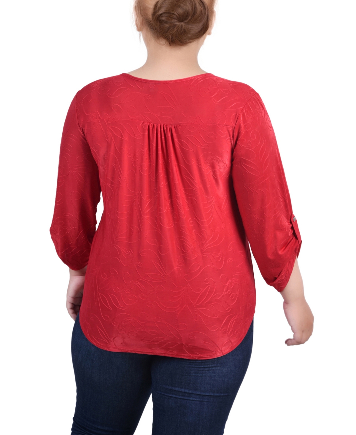 Ny Collection Plus 3/4 Roll Tab Zip Front Jacquard Knit Top