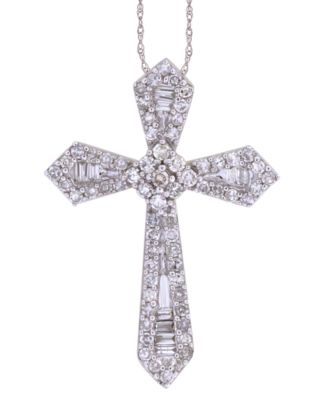 Macy's - Diamond Round & Baguette Cross 18" Pendant Necklace (1/4 ct. t.w.) in 10k White Gold