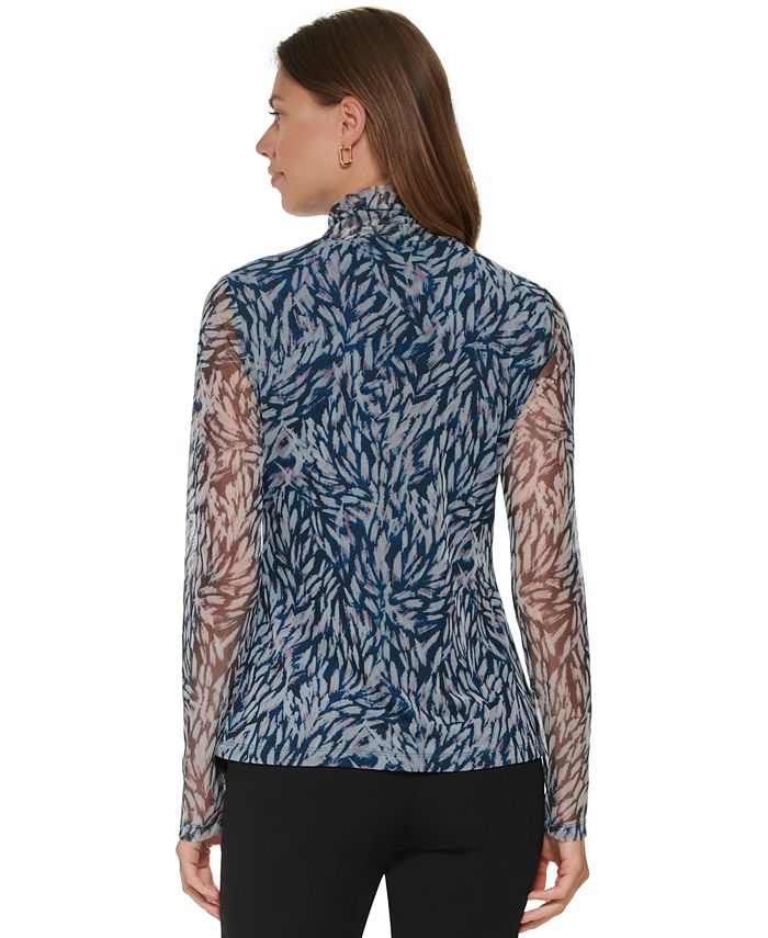 DKNY Women's Printed Mock Turtleneck Mesh Sleeve Top - Macy's