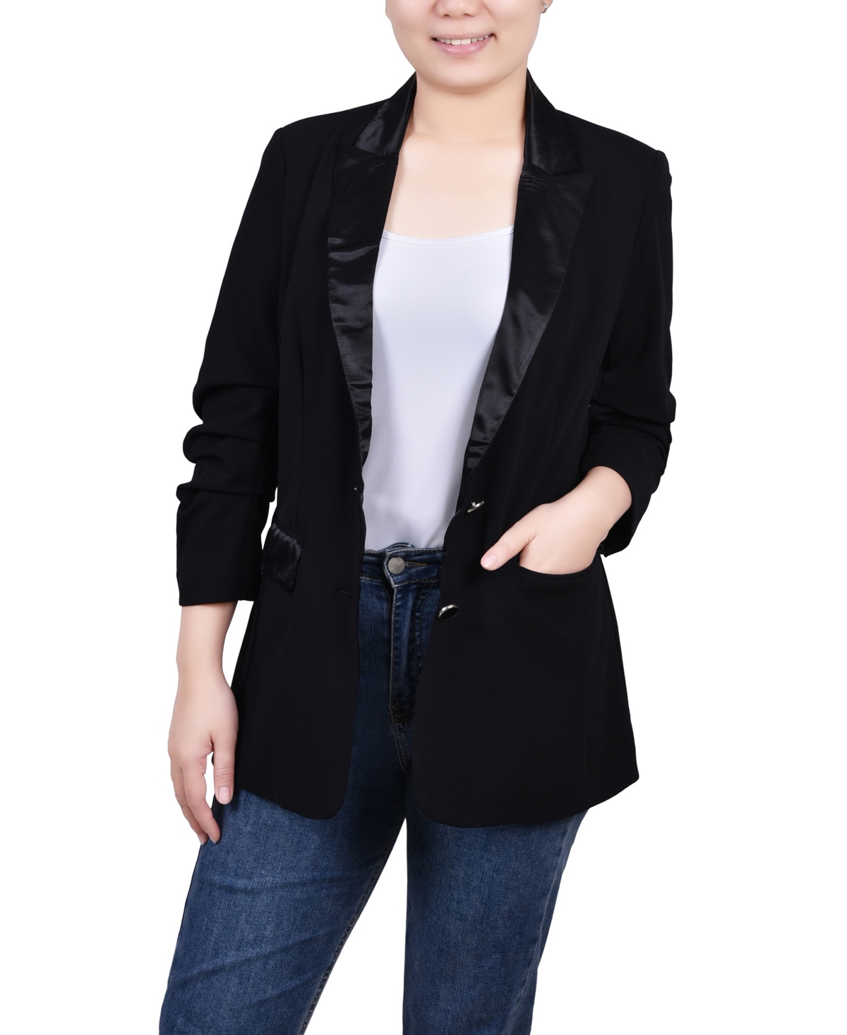 Women's Satin Lapel Scuba Crepe Jacket - Black