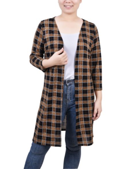 Женский кардиган NY Collection 3/4 Sleeve Knit, цвет: Золотой чёрный белый клетчатый