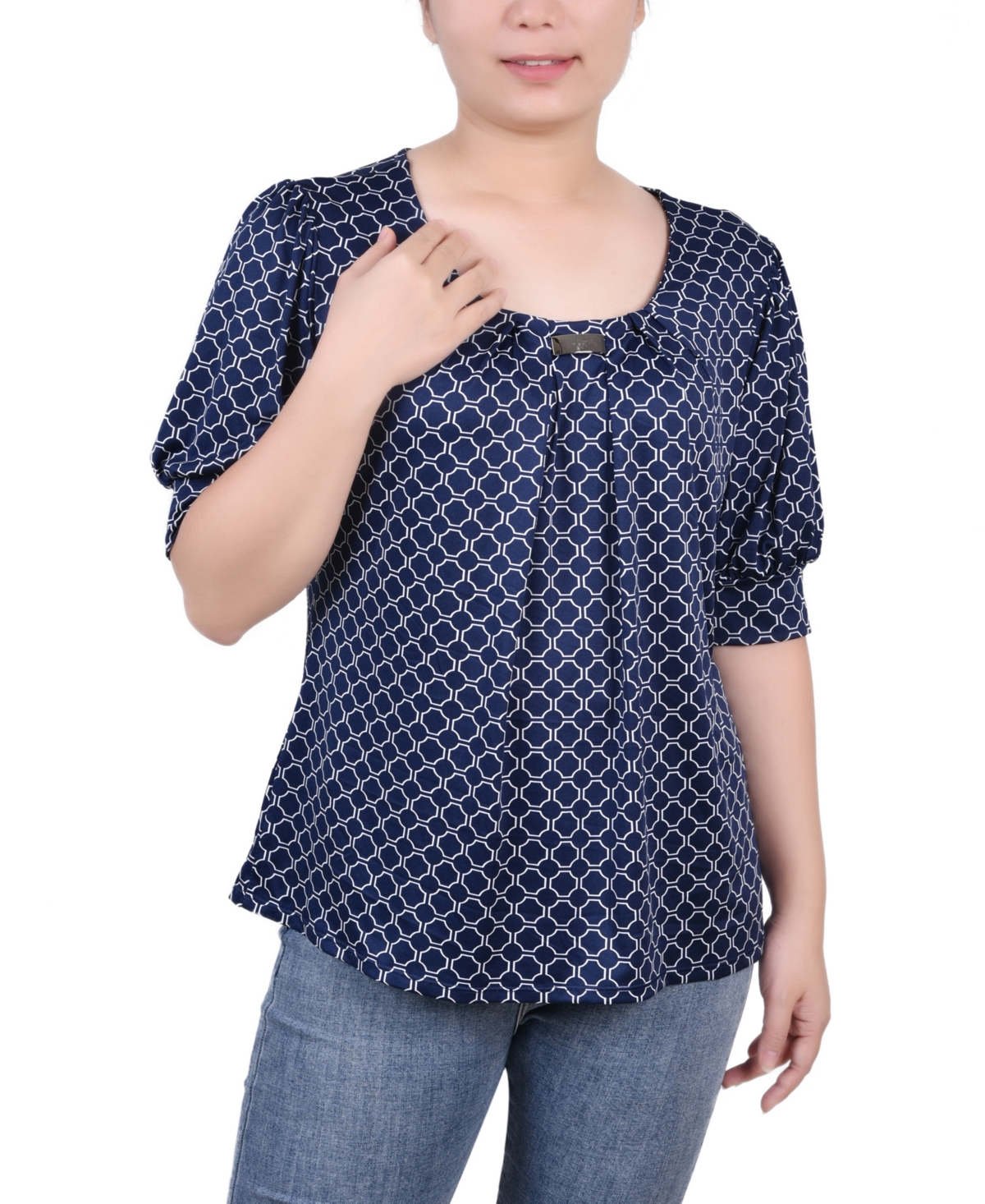 Women's Missy Short Sleeve Balloon Sleeve Top - Black White Herringbone