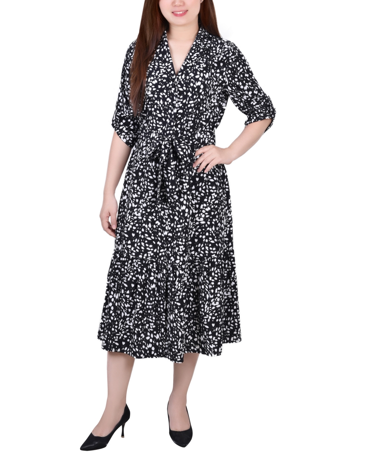 Women's Long Sleeve Tiered Dress with Belt - Ivory Brushed