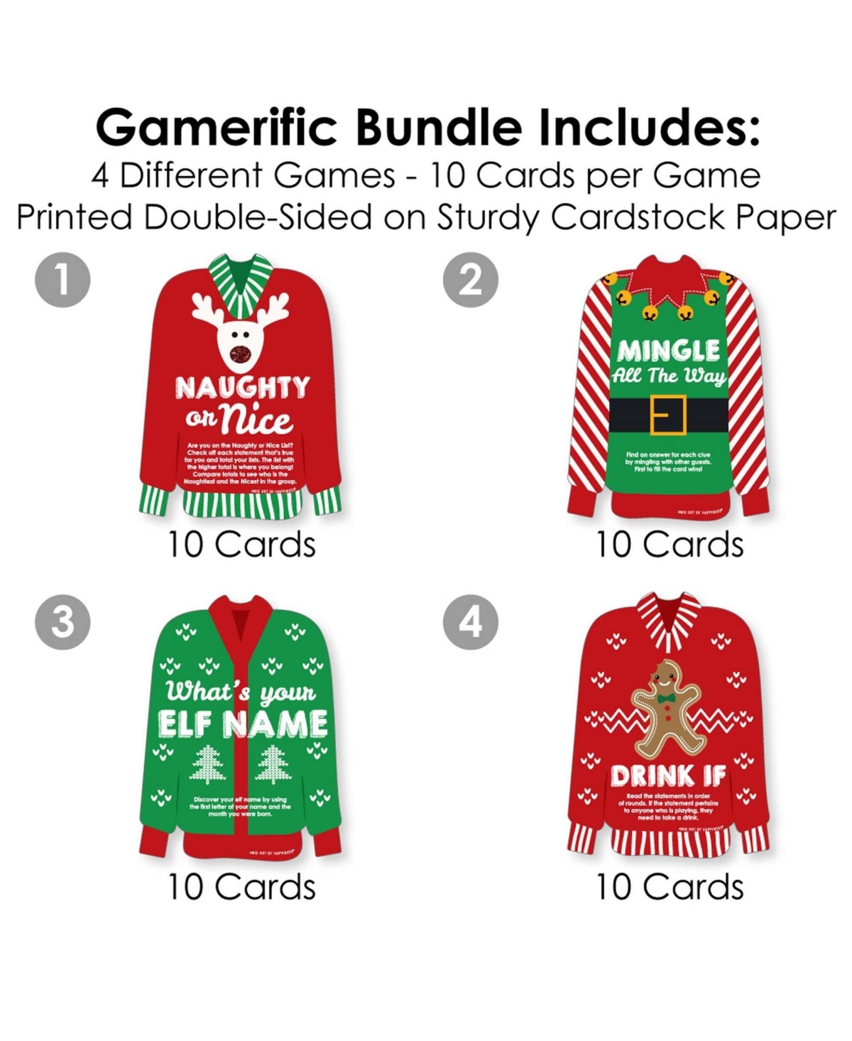 Big Dot of Happiness Ugly Sweater - 4 Christmas Party Games - 10 Cards Each - Gamerific Bundle