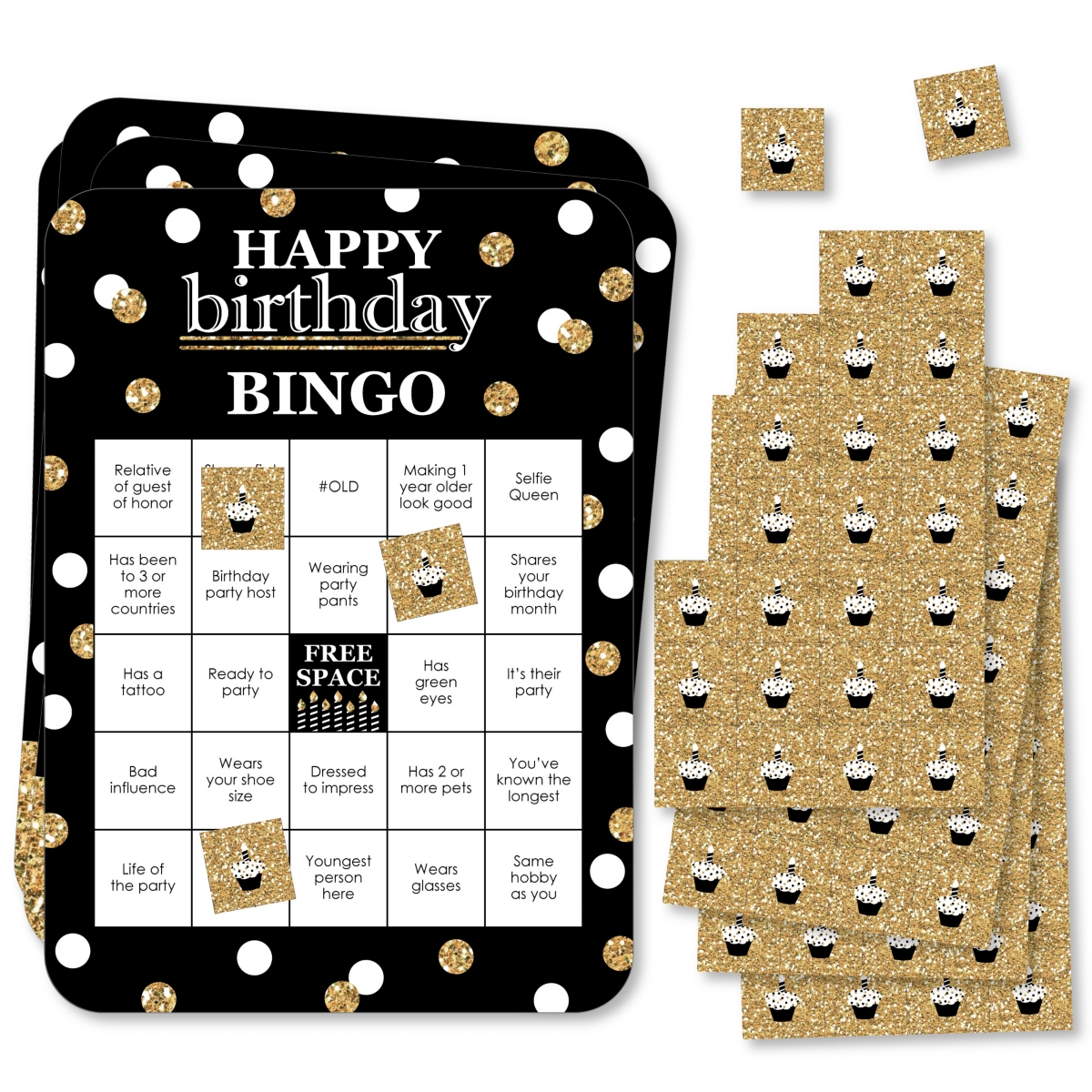 Adult Happy Birthday Gold Find the Guest Bingo Cards & Markers Bingo Game 18 Ct - Black
