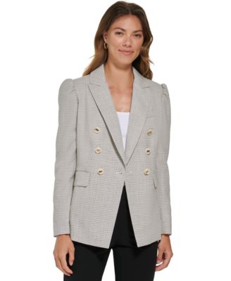 DKNY - Women's Puff-Sleeve Double-Breasted Plaid Blazer
