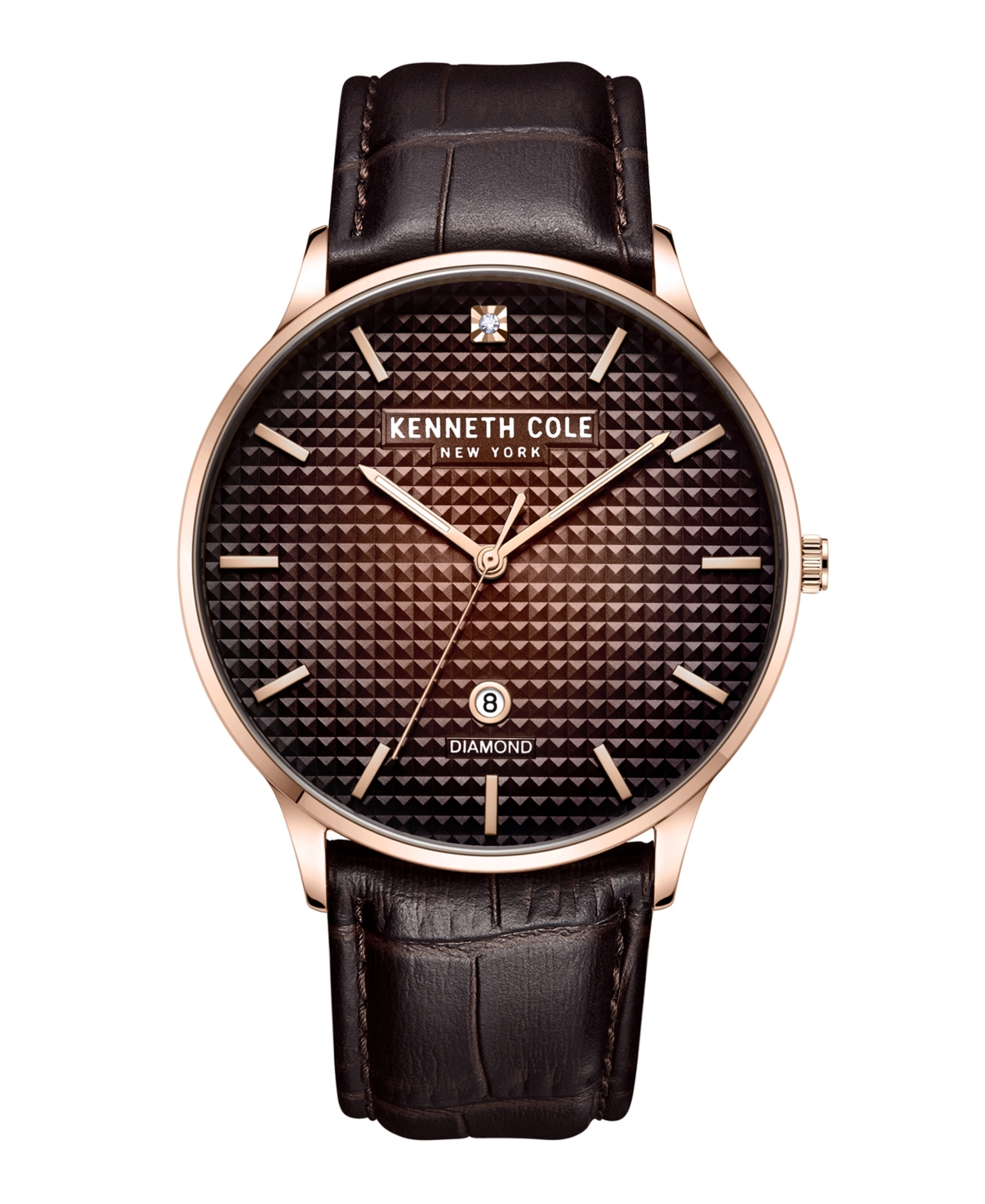 Men's Diamond Accent Dial Brown Dark Genuine Leather Strap Watch 42mm - Brown Dark
