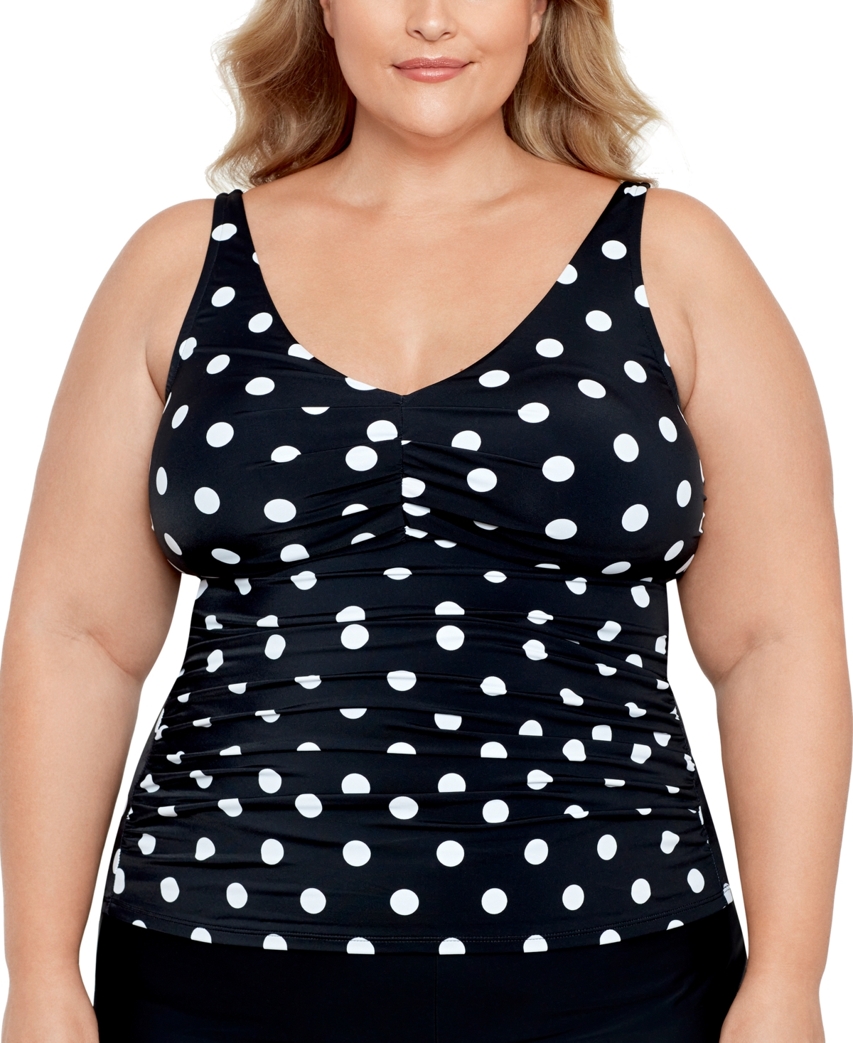Swim Solutions Plus Size V Neck Polka Dot Tankini Top Tummy Control Swim Bottoms Created For Macys In Vintage Dotty