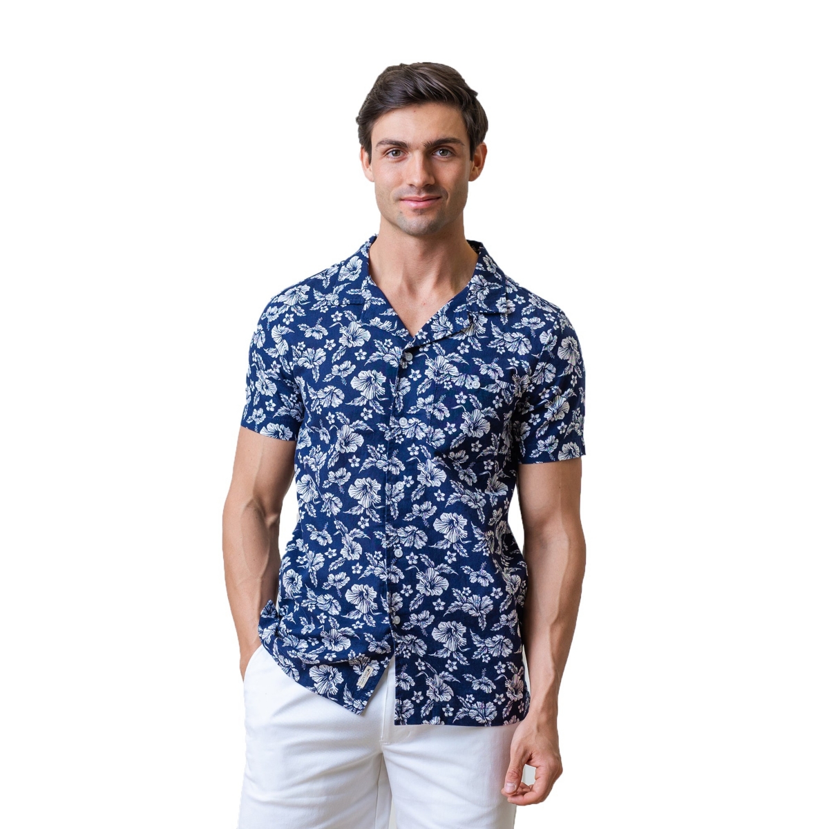 Men's Linen Short Sleeve Camp Shirt - Navy Hibiscus Linen