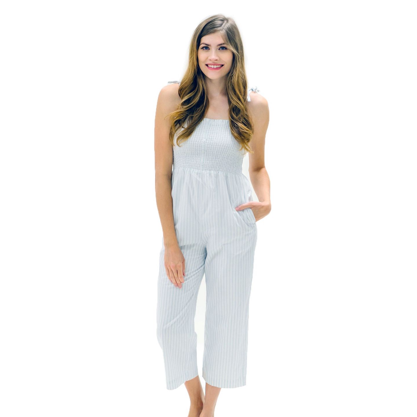 Женский комбинезон Hope & Henry Organic Cotton Smocked Button Front Jumpsuit, цвет: Синий полосатый — фото 1