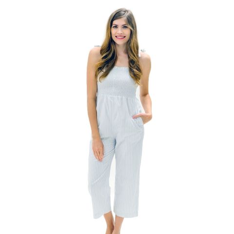 Женский комбинезон Hope & Henry Organic Cotton Smocked Button Front Jumpsuit, цвет: Синий полосатый