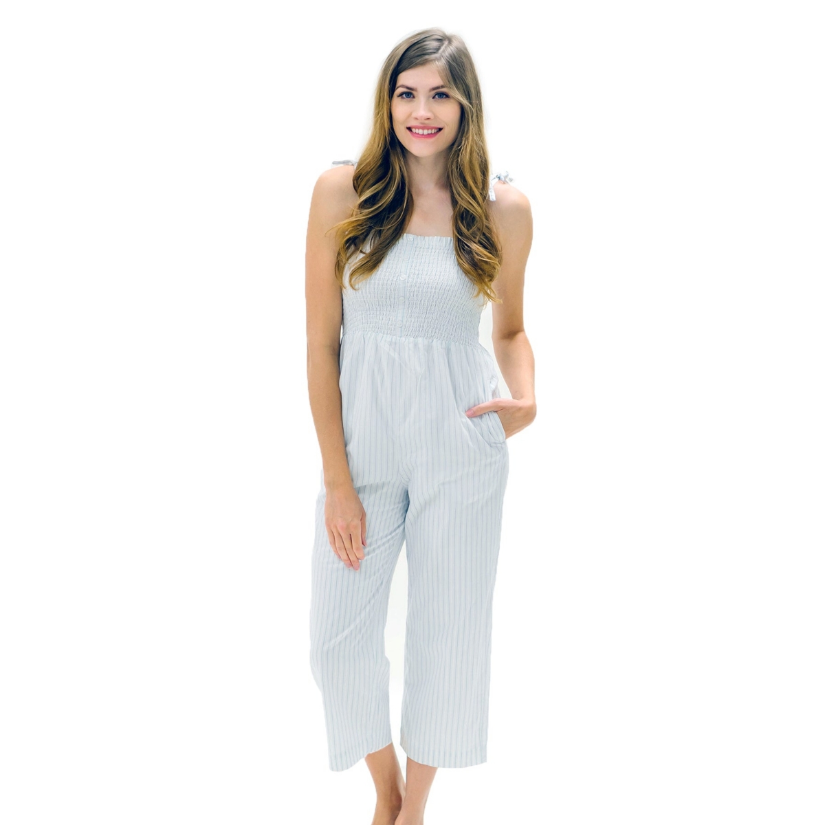 Womens' Organic Cotton Smocked Button Front Jumpsuit - Classic Blue Ticking Stripe