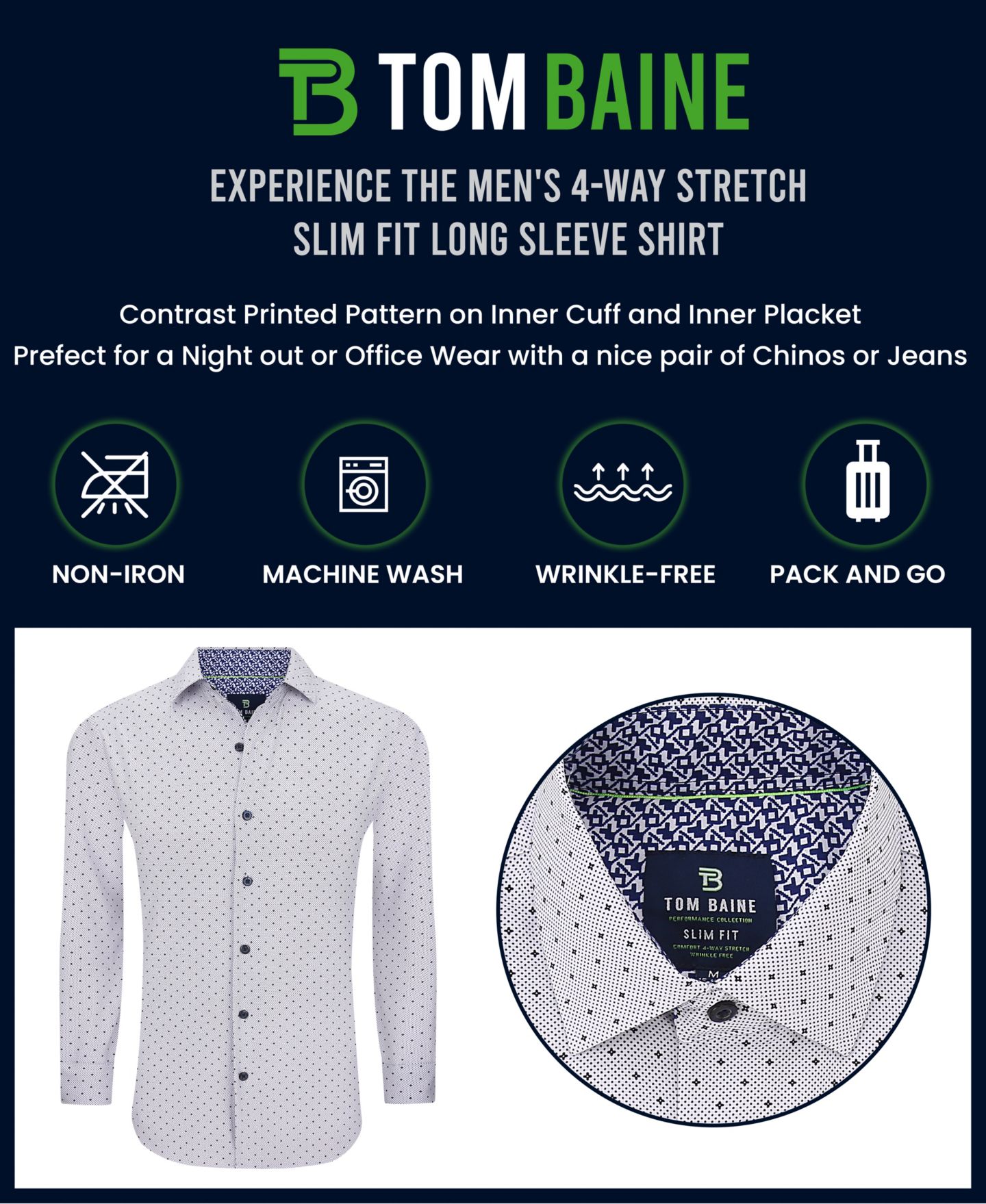 Мужская рубашка Tom Baine Slim Fit Performance Long Sleeve Geometric Button Down Dress Shirt, цвет: Чёрный — фото 5
