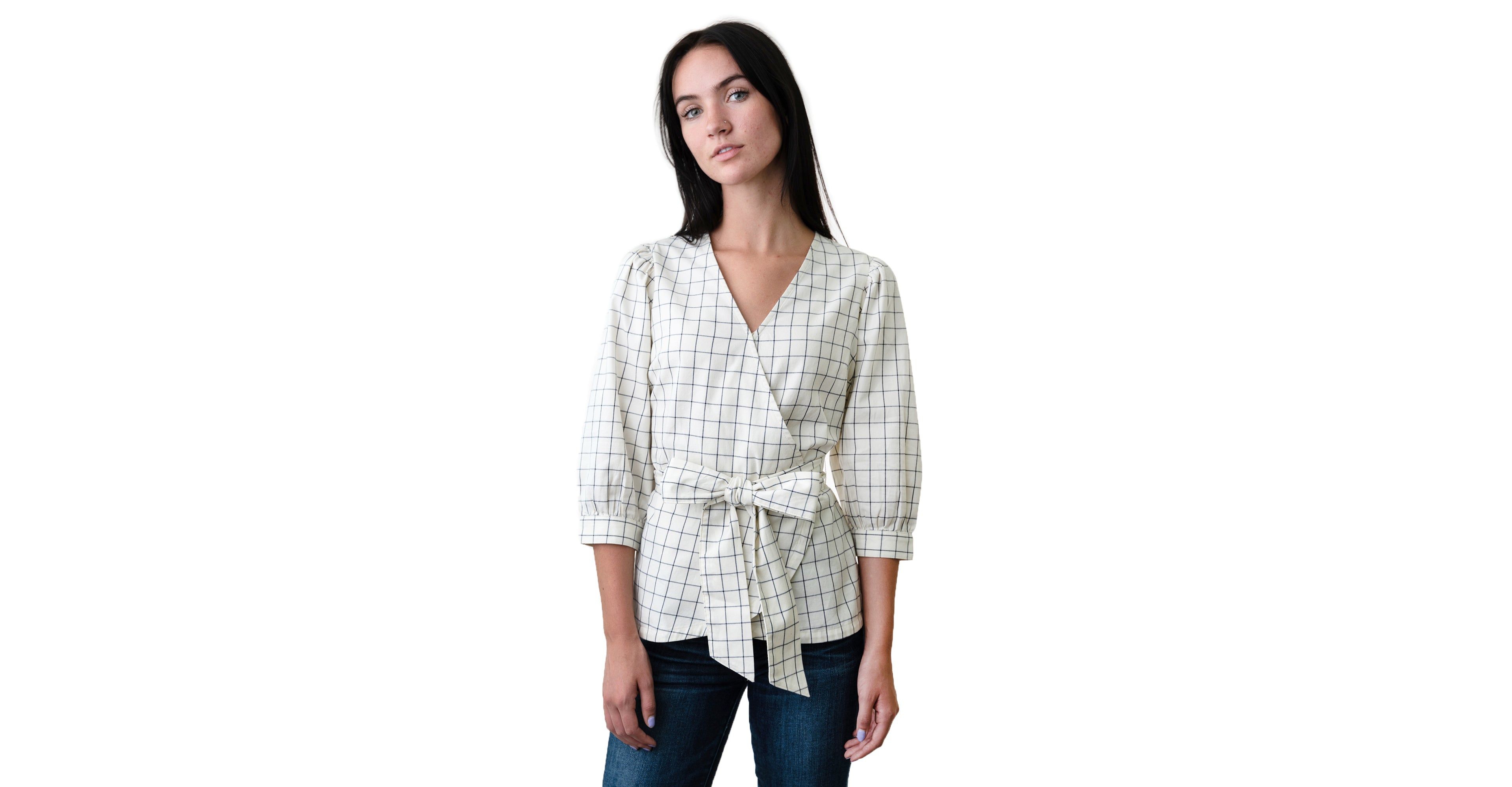 Hope & Henry Women's Puff Sleeve Wrap Top
