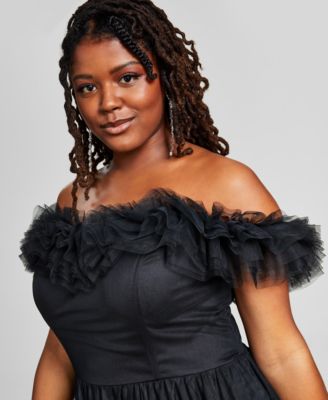 Trendy Plus Size Tulle-Trim Off-The-Shoulder Gown, Created for Macy's