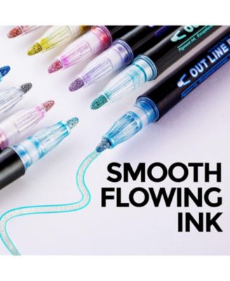 Double Line Outline Markers - 12 Dual Colored Outline Pens Self-Outline Metallic Markers