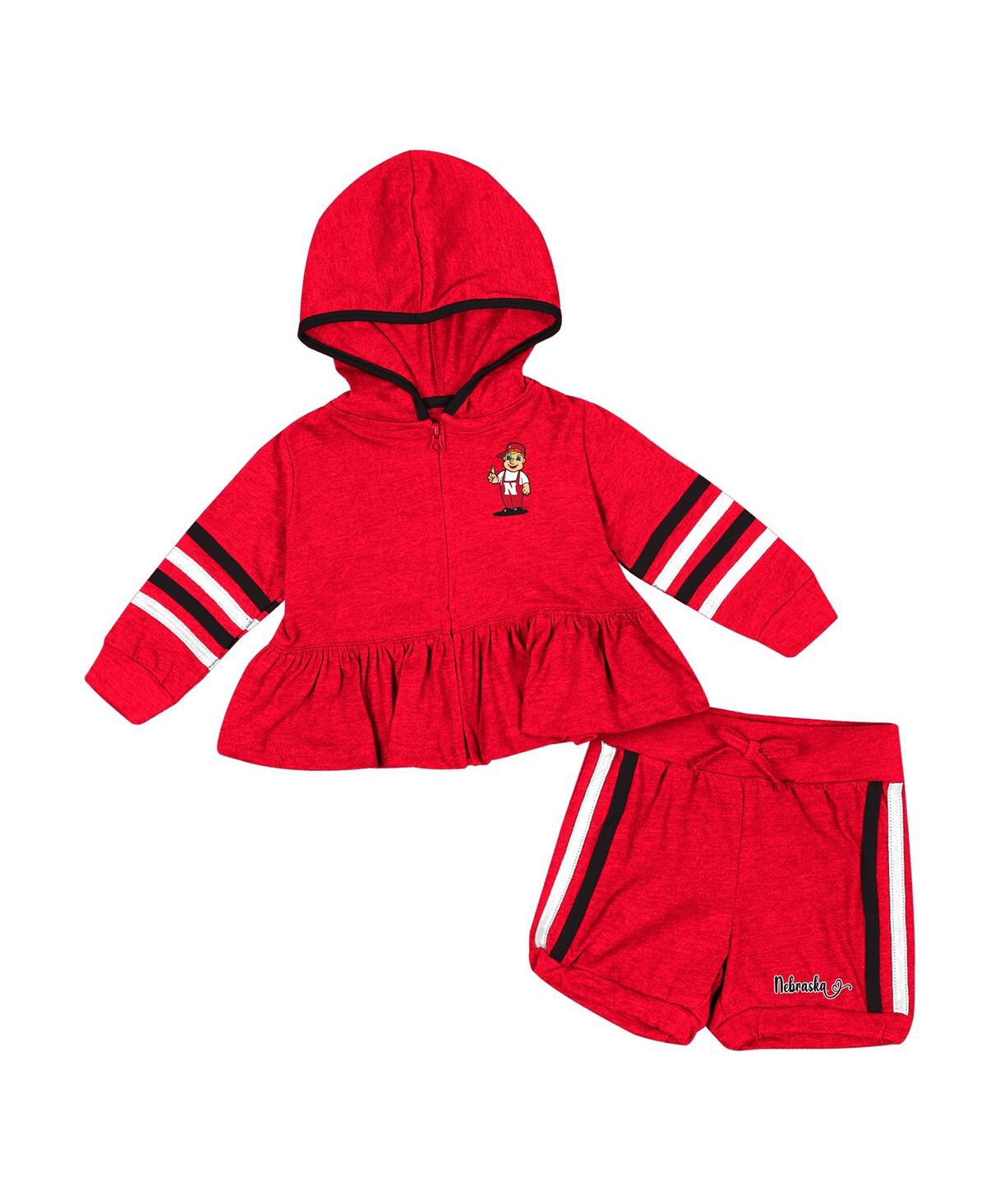 Shop Colosseum Girls Infant  Scarlet Nebraska Huskers Spoonful Full-zip Hoodie And Shorts Set