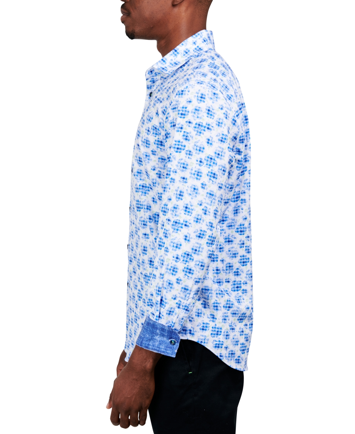 Shop Society Of Threads Men's Slim-fit Performance Stretch Abstract Floral/gingham Long-sleeve Button-down Shirt In White,blue