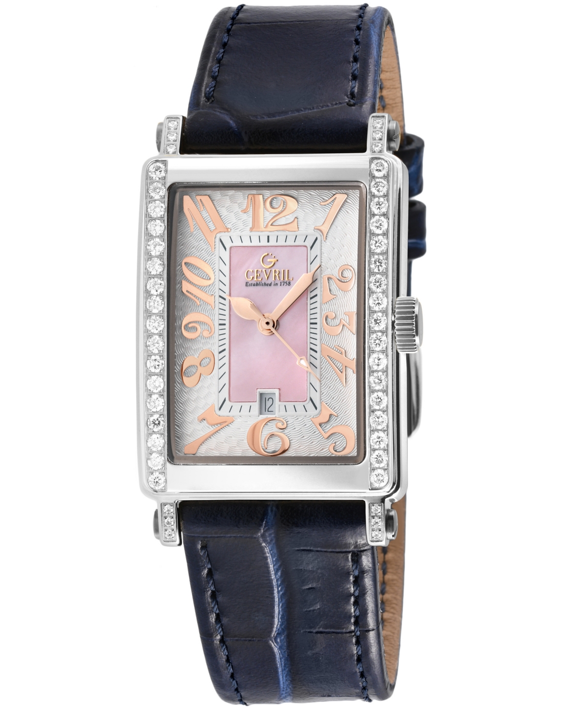 Gevril Women's Avenue Of Americas Mini Swiss Quartz Diamond Accents Blue Italian Leather Strap Watch 32 X 2 In Silver