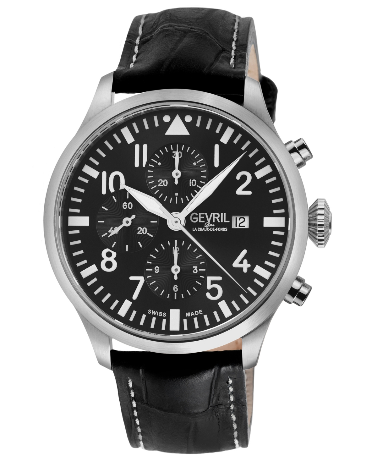 Gevril Men's Vaughn Swiss Automatic Black Italian Leather Strap Watch 44mm In Silver
