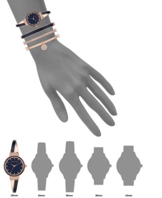 Women's Rose Gold-Tone Alloy Bangle with Navy Enamel and Crystal Accents Fashion Watch 33.5mm Set 4 Pieces