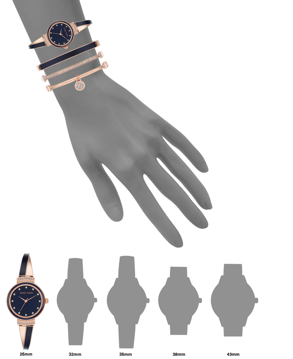 Anne Klein Women's Rose Gold-tone Alloy Bangle With Navy Enamel And Crystal Accents Fashion Watch 33.5mm Set 4 In Rose Gold-tone,navy