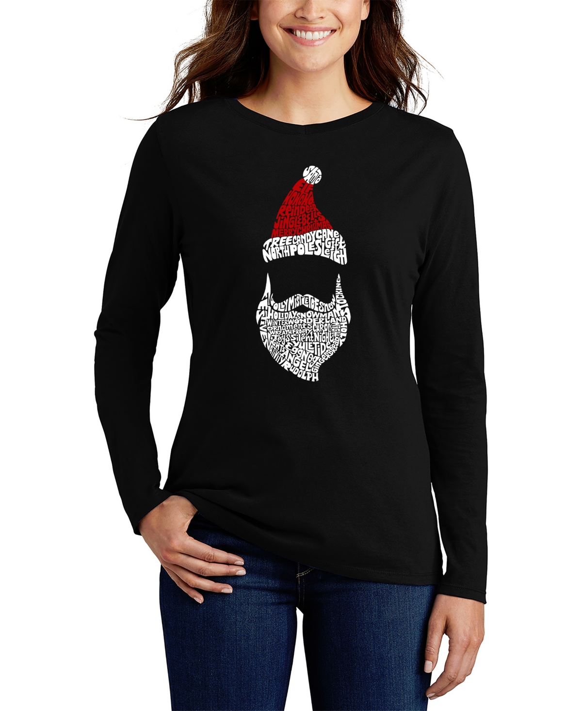 La Pop Art Women's Santa Claus Word Art Long Sleeve T-shirt In Black