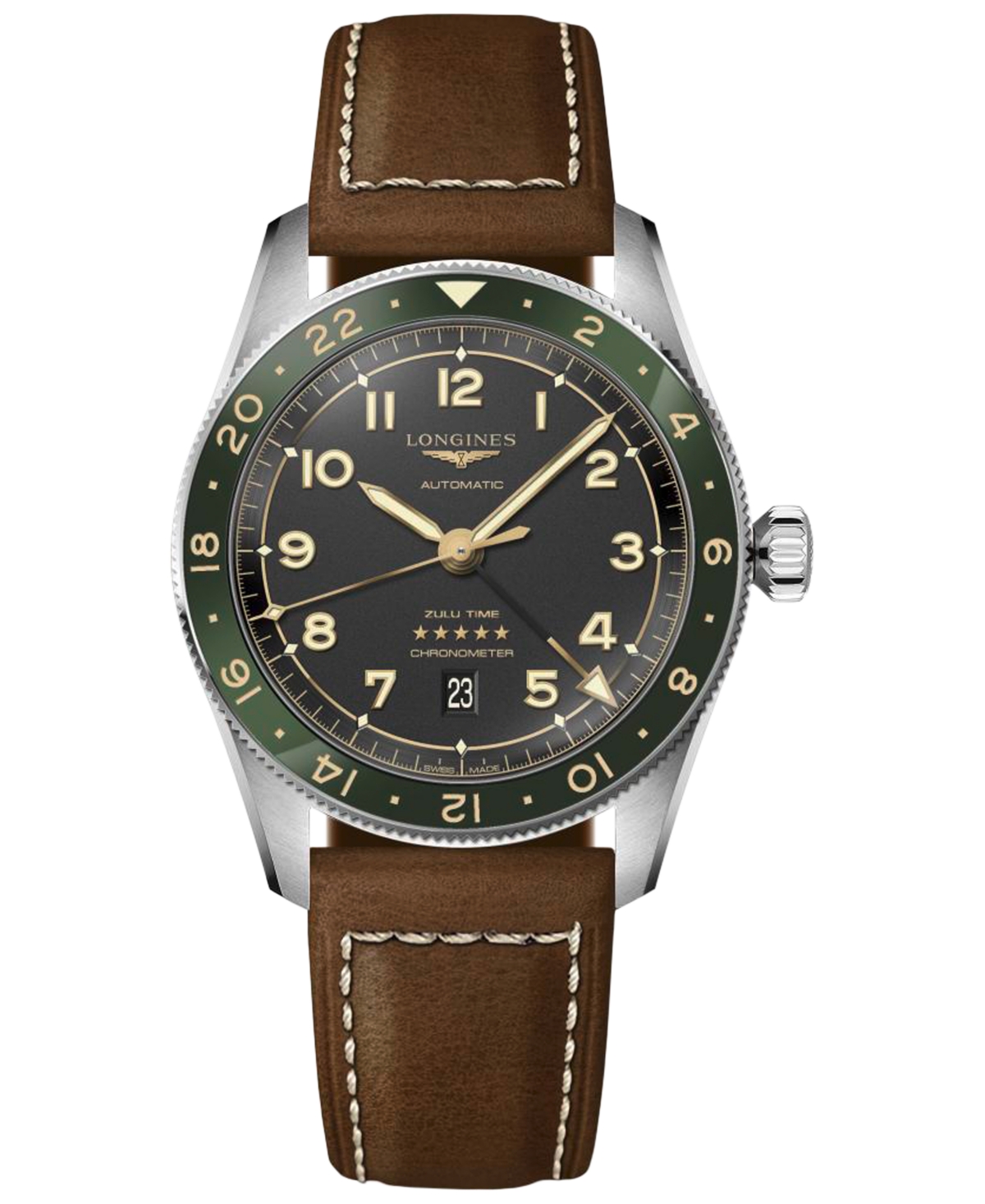 Men's Swiss Automatic Spirit Zulu Time Brown Leather Strap Watch 42mm - Black