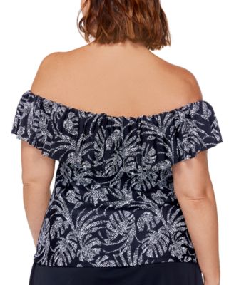 Island Escape Plus Size Printed La Flor Off-The-Shoulder Removable-Strap Underwire Tankini, Created for Macy's