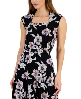 Kasper - Women's Floral-Print Square-Neck Cap-Sleeve Top